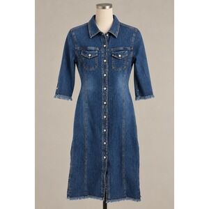 Fairweather Denim Snap Front Midi Dress Frayed Hem Blue Size 7